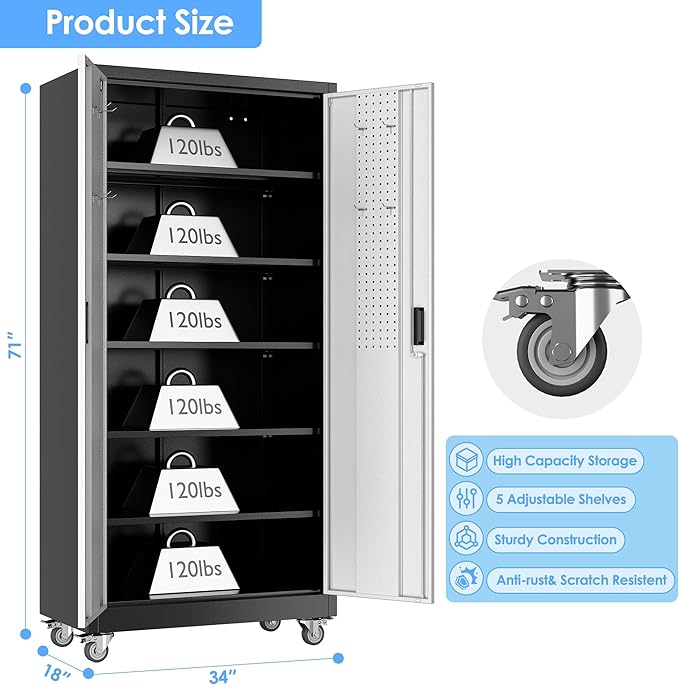 Garage Storage Cabinet with Wheels & Pegboard, Lockable Metal Storage Cabinet with Doors and 5 Adjustable Shelves for Garage Workshop Home, Assembly Required, Black and Silvery, 71" H×34" W×18" D