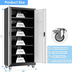 Garage Storage Cabinet with Wheels & Pegboard, Lockable Metal Storage Cabinet with Doors and 5 Adjustable Shelves for Garage Workshop Home, Assembly Required, Black and Silvery, 71" H×34" W×18" D