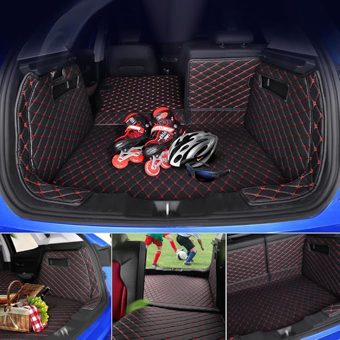 Trunk Mat for Mercedes GLC SUV 7 Seater 2023-2025(Non for Hybrid) GLC260 GLC250 GCL300 GLC350 GLC450 Full Coverage Cargo Mat+Backrest Cover+Both Sides Panel Replacement -Black w/Red Stitching