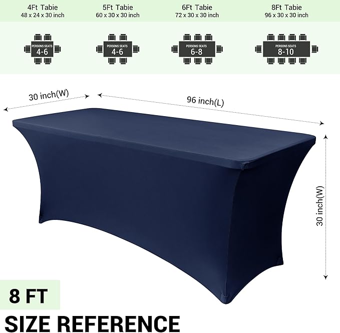 Obstal 6 Pack Stretch Spandex Table Covers for 8 Foot Tables - 8 FT Universal Rectangular Fitted Tablecloth Protector for Wedding, Banquet, Party (Navy, 96 Length x 30 Width x 30 Height Inches)