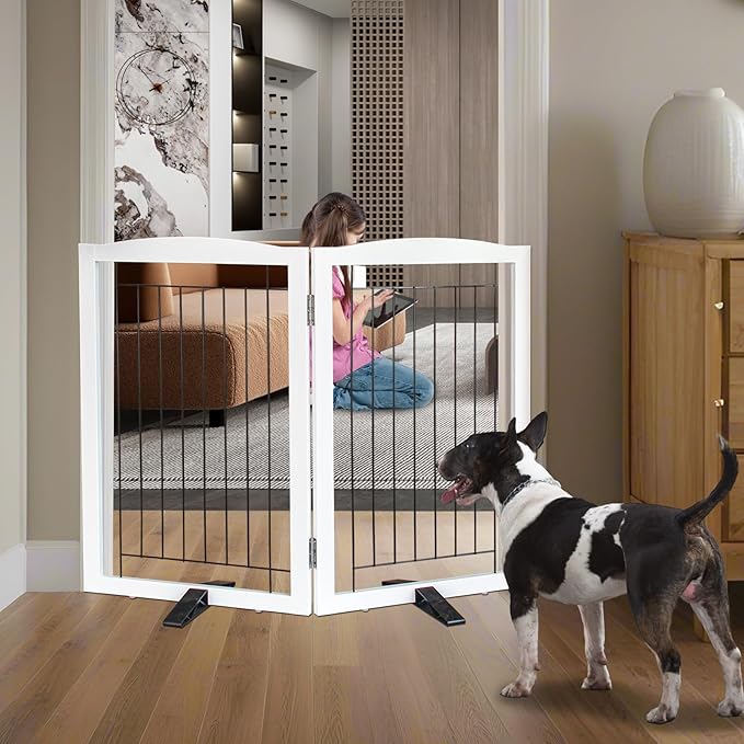 Dog Fence Indoor - 2-Panel Freestanding Dog Gate for Doorways, Hallways, House or Stairs -40x32-Inch Retractable Foldable Expandable Wood Pet by SFJC (White)