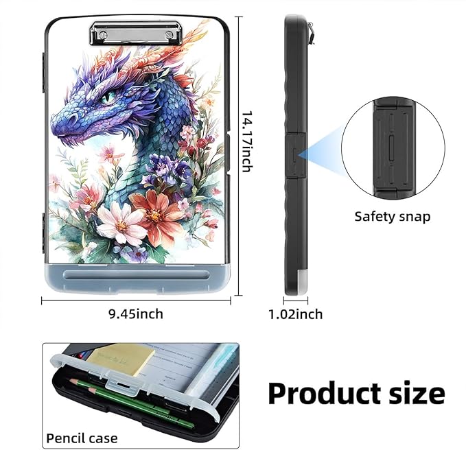 Clipboard with Storage Box & Pen Holder,Heavy Duty Clip Boards 8.5x11 for Nursing,High Capacity,School & Office Supplies,Floral Dragon Art