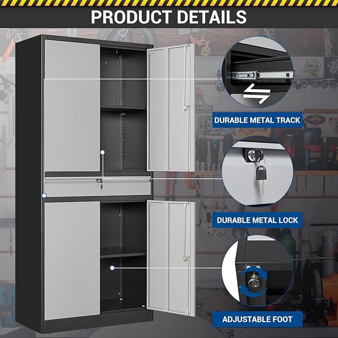 71" Metal Cabinet-Black&Gray Heavy Duty Storage File Cabinet Steel Tool Cabinets with Shelves, Lockable Doors and Drawers- for Garage, Pantry, Warehouse - Assembly Required