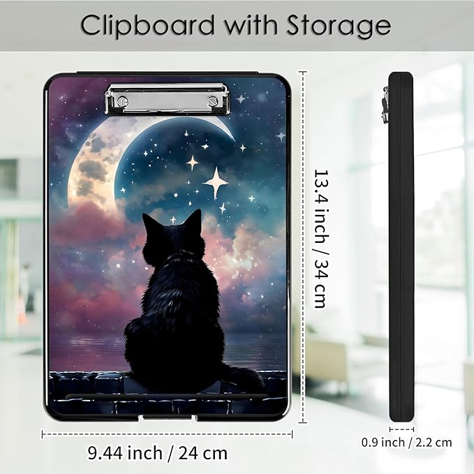 Clipboard with Storage,Office Supplies Nursing Clipboards Folder with Pen Holder Plastic Foldable Clip Board with Storage for Nurse Teacher,Moon Cat