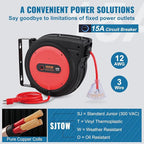 VEVOR Retractable Extension Cord Reel, 65 FT, Heavy Duty 12AWG/3C SJTOW Retractable Power Cord with Lighted Triple Tap Outlet, 15 Amp Circuit Breaker 180° Swivel Bracket for Ceiling or Wall Mount