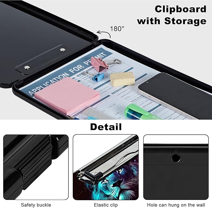Clipboard with Storage,Plastic Storage Clipboard with Low Profile Clip, Heavy Duty Nursing Clipboards Foldable,Coaches Clipboard Case for Work, Teacher,Office School Supplies,Cool Lion