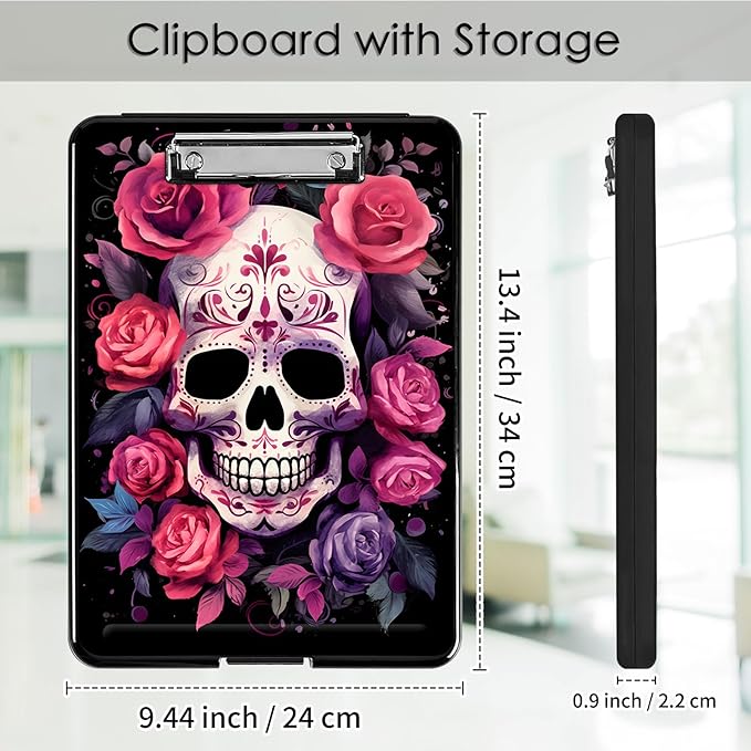 Clipboard with Storage,Office Supplies Nursing Clipboards Folder with Pen Holder Plastic Foldable Clip Board with Storage for Nurse Teacher,Flowers Skull
