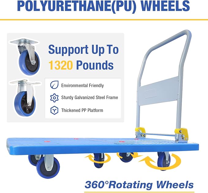 Flatbed Cart, Heavy Duty 1320lbs Capacity Platform Hand Truck 360 Degree Swivel Wheels Foldable Push Hand Cart for Loading and Storage, Blue