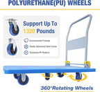 Flatbed Cart, Heavy Duty 1320lbs Capacity Platform Hand Truck 360 Degree Swivel Wheels Foldable Push Hand Cart for Loading and Storage, Blue