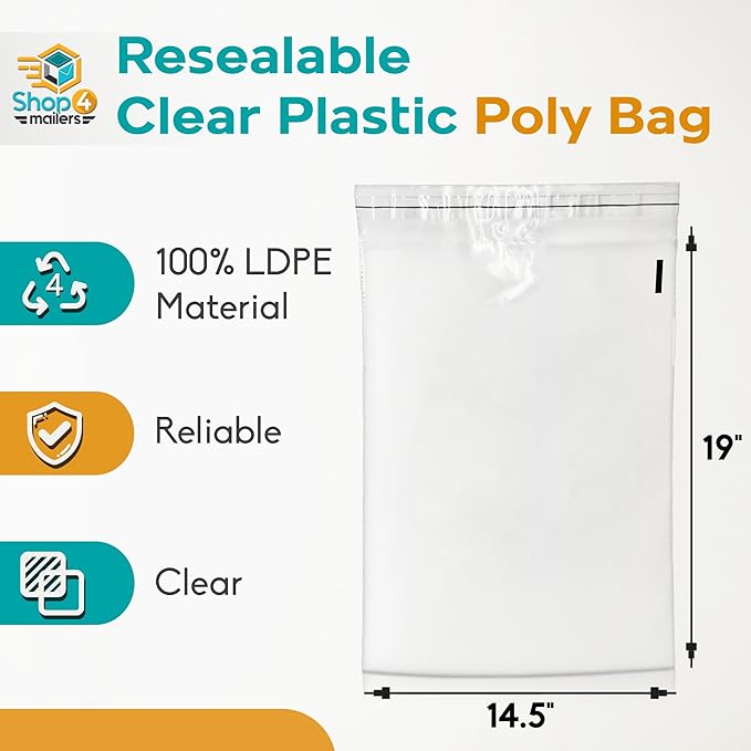 Shop4Mailers 14.5 x 19 Clear Plastic Poly Bags 1.5 Mil Self Seal Packaging for Apparel, Jewelry, Documents, Prints, Gifts, Storage – Resealable (100 Pack)