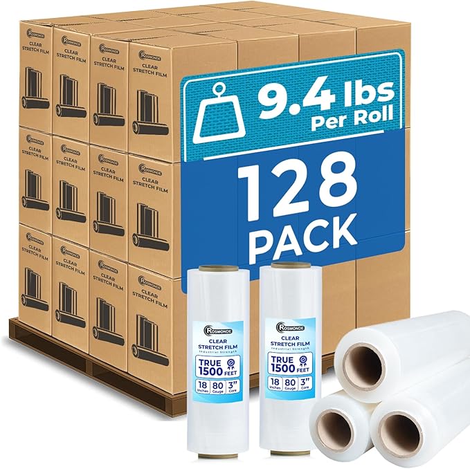 Rosmonde 128 Pack Bulk Plastic Wrap, 18" x 1500 ft Shrink Wrap for High Volume Daily Shipping, 80 Gauge Thick Pallet Wrap for Warehouse & Moving Companies, Bulk Stretch Wrap Roll for Pallet Wrapping