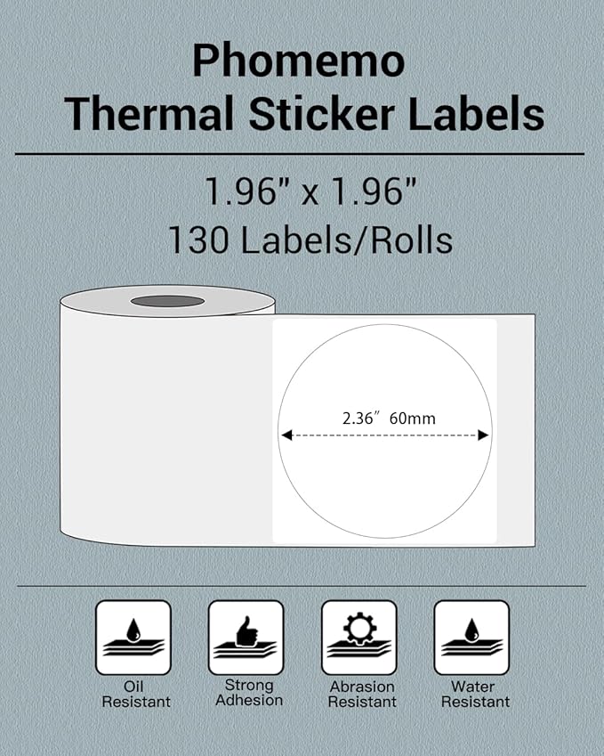 Phomemo Sticker Circle Labels- 2.36"x 2.36"(60x60mm) Thermal Label for M221/M220/M200, for Barcode/Address/Mailing/Logo/Business/Home Tag, Black on White