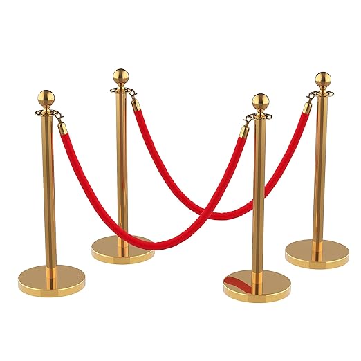 4Pcs Stainless Steel Stanchion Posts with 5ft Red Velvet Ropes - Crowd Control Barriers & Queue Line Kit with 26ft Red Carpet for Wedding, Party, Theater Supplies