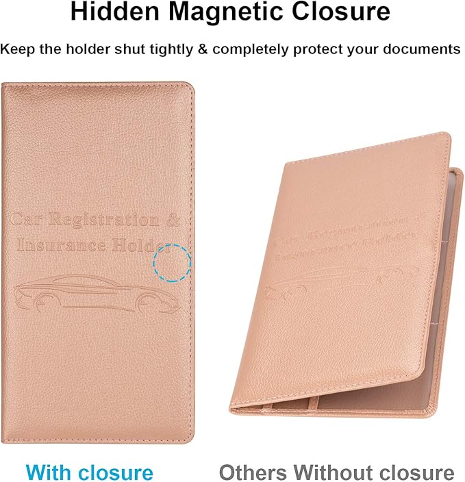 Cacturism Car Registration and Insurance Holder, Vehicle Glove Box Car Organizer Men Women Wallet Accessories Case with Magnetic Shut for Cards, Essential Document, Driver License, Rose Gold