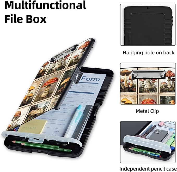 Clipboard with Storage Box & Pen Holder,Heavy Duty Clip Boards 8.5x11 for Nursing,High Capacity,School & Office Supplies,Mushroom Forest