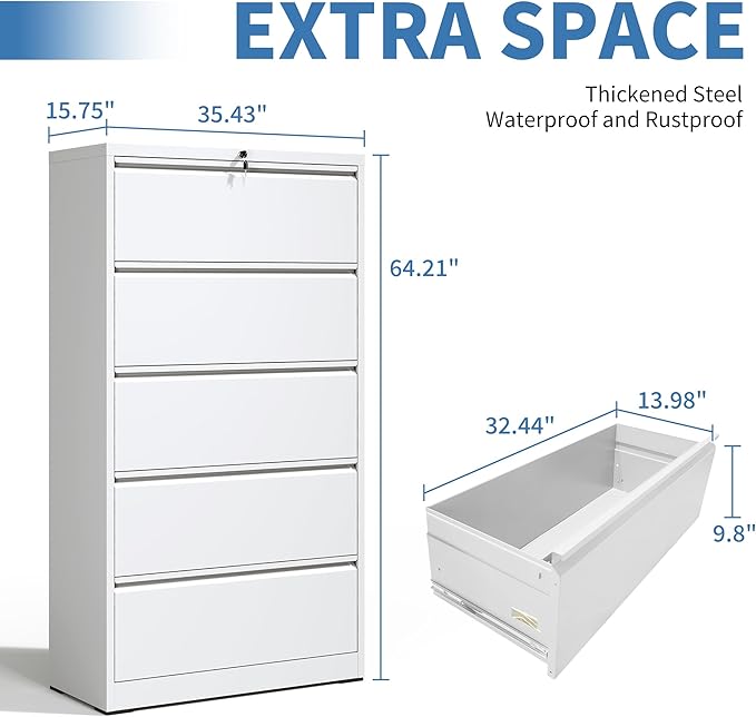 5 Drawer Metal Office Storage Filing Cabinet with Lock, White Lateral File Cabinet for Home Office, Horizontal Locking for Legal/Letter/A4, Assembly Required