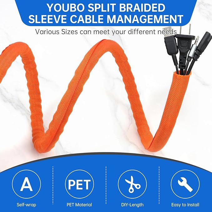 Split Braided Cable Sleeve，Flexible Wire Loom Tubing, Automotive Cord Protector Pet Proof, Cable Management for Computer TV Electric Wires Harness 16ft (Orange, 30mm（1-3/16")