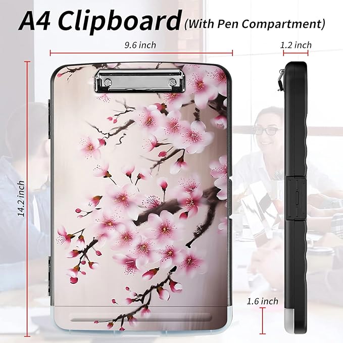 File Clipboard Storage with Pen Holder High Capacity Plastic Nursing Clipboards File Folder Storage Box Clipboard with Heavy Duty Clips for Teacher,Doctor,Offices-Cherry Blossom