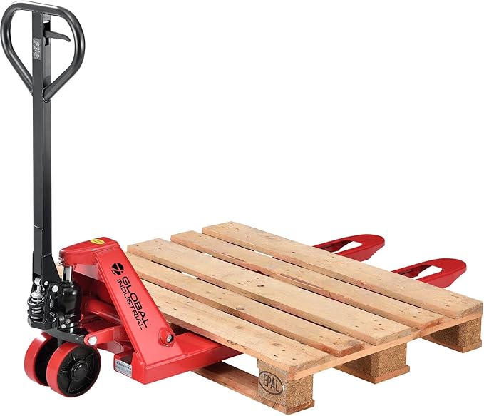 Global Industrial Standard Duty Narrow Pallet Jack with 21" W x 48" L Forks, 5500 lb. Capacity, Manual Pallet Truck for Warehouse, Manufacturing and Retail, Red Powder Coat Finish