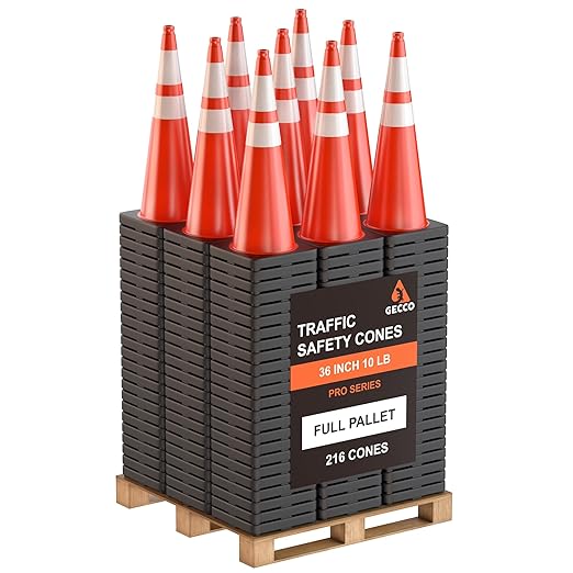 GECCO ™ (216 Cones per Pallet) 36 Inch 10 Lb Heavy Tall Orange Traffic Cones in Bulk | Large Safety Cones, Orange Cones, Parking Cones, Construction Cones | PVC Plastic & Black Base - [PRO Series]