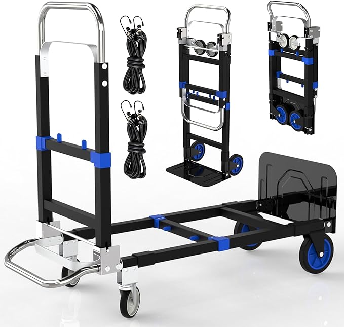3 in 1 Convertible Hand Truck Dolly Cart with Wheels Collapsible/Folding handtruck Dolly / 2 Straps/Adjustable Height/for Luggages/Cartons/Warehouse/Supermarket/Office / 500 Lbs Load