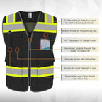 TCCFCCT Safety Vest for Men Women 5 Pockets Mesh High Visibility Reflective Vest with Reinforced Zipper, Durable Construction Work Vest with Fluorescent Orange Edge, Meets ANSI/ISEA, DW-Black, 5XL