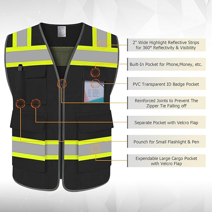 TCCFCCT Safety Vest for Men Women 5 Pockets Mesh High Visibility Reflective Vest with Reinforced Zipper, Durable Construction Work Vest with Fluorescent Orange Edge, Meets ANSI/ISEA, DW-Black, L