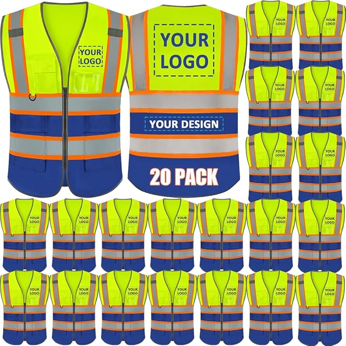 BeautyWill Custom Logo 10/20 Pack Safety Vest Class2 High Visibility Vest with Pockets Breathable Construction Vest Bulk