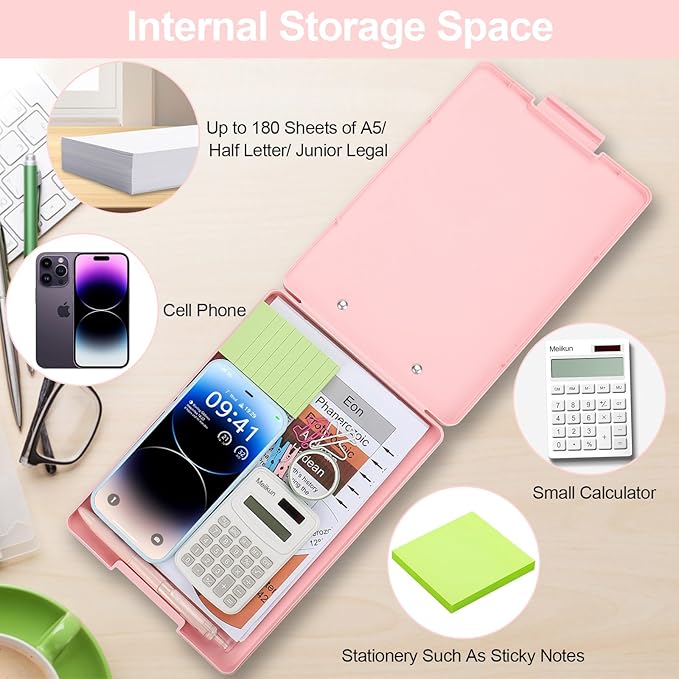 Small Clipboard with Storage, A5 Clipboards with Pen Holder, Half Letter Clip Boards 6x9 Mini Plastic Clipboard with Low Profile Clip for Classroom, School, Office Supplies (Light Pink)