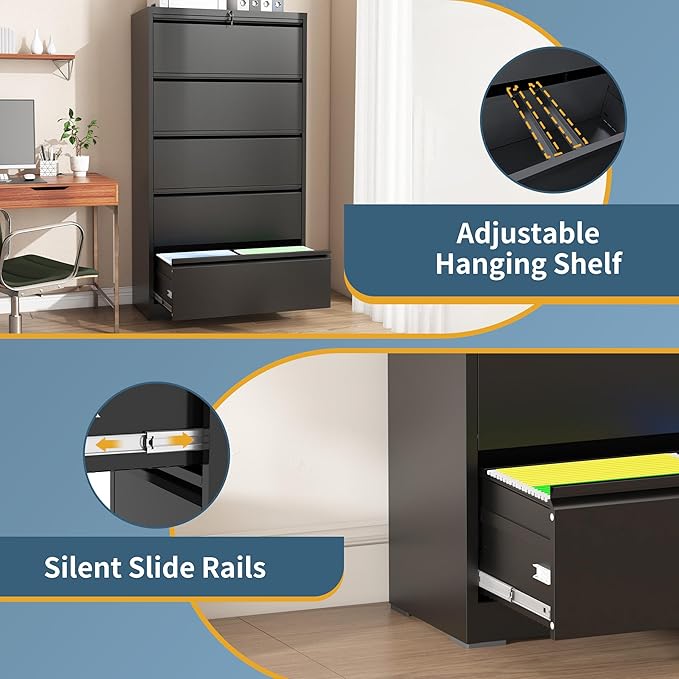 5 Drawer File Cabinet with Lock, Lateral Filing Cabinets,Metal Storage Filing Cabinets for Home Office, Heavy Duty File Cabinet for Letter/Legal/A4/F4 Size Amssebly Required, Black