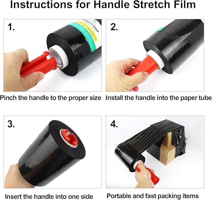 BOMEI PACK Mini Black Industrial Stretch Wrap Film 5" x 1000ft Roll with Handle, 80 Gauge Thick Cling Plastic Wrap for Moving, Pallet Wrap - Self Adhering Packaging Heavy Duty Shrink Film, 4 Pack