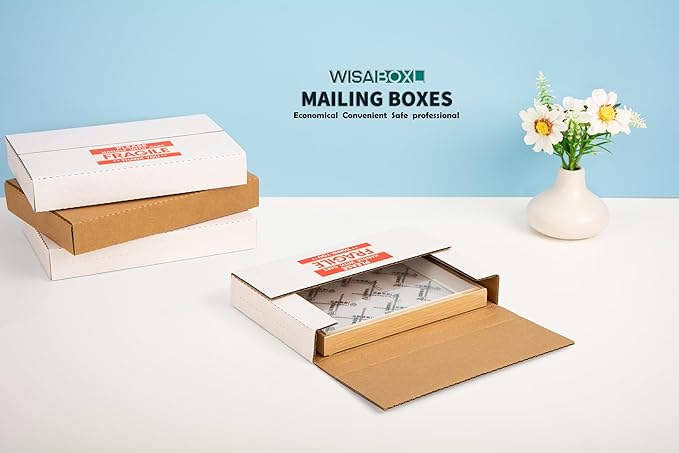 50 Pack 9x6x1.3 inch Shipping Boxes, Easy-Fold Multi-Depth DVD Mailer Box with Fragile Stickers for Mailing, Storing, Package, Gifts, Crafts, Business or Home, White
