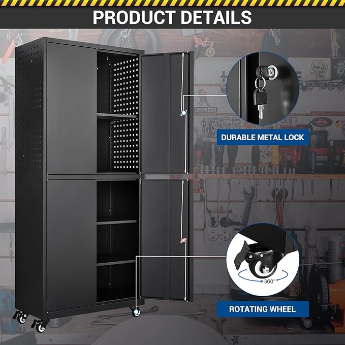 Metal Storage Cabinet-Heavy Duty Rolling Tool Cabinet Garage Storage Cabinets with Adjustable Shelves&Lockable Doors - Black