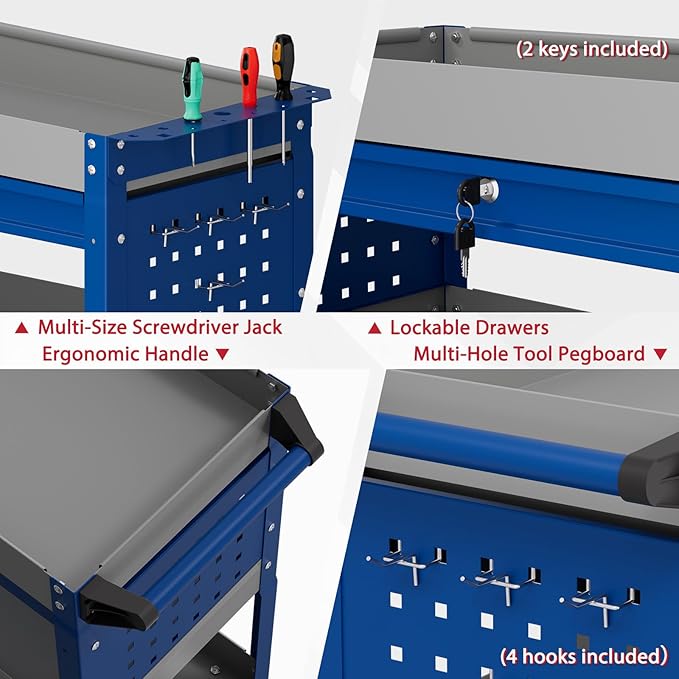 3 Tier Rolling Tool Cart on Wheels, Heavy Duty Industrial Utility Cart Service Cart with Drawer and Screwdriver Rack Pegboard, 550 LBS Mobile Tool Storage Organizer for Workshop, Garage(Gray-Blue)