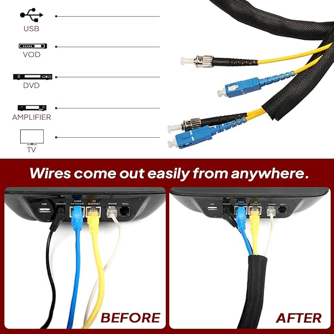 Black Braided Cable Management Sleeves Wire Loom Tubing Cord Protector Self-Wrapping (1/2"-12Feet)