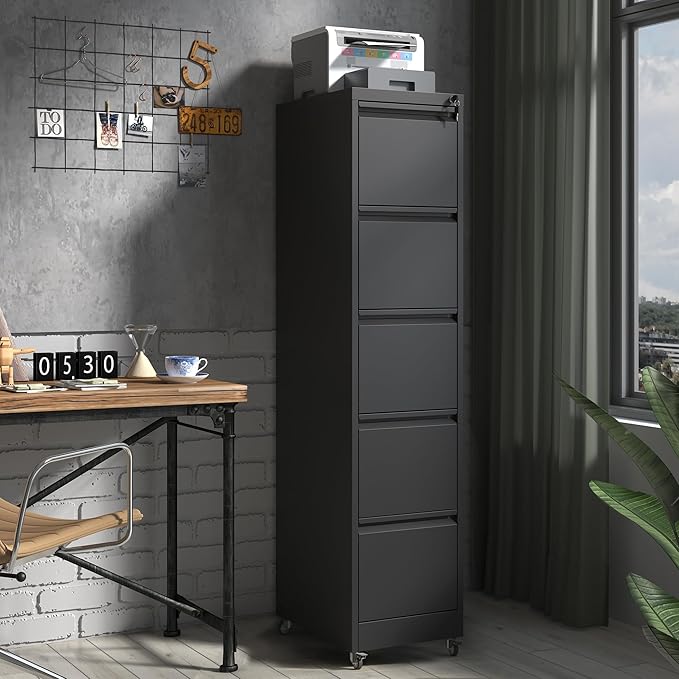 5 Drawer Locking File Cabinet with Wheels,Metal Mobile Filing Cabinets,Black Rolling File Cabinet for Home Office,Heavy Duty Storage Cabinet for A4/Letter/Legal Size File,Assembly Required