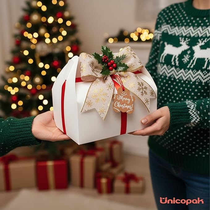 UnicoPak 20 Pack 10x7x7.5 Extra Large Gable Boxes, White Gift Boxes with Handle Lunch Boxes To Go for Birthday Wedding Party Favors Picnic Welcome