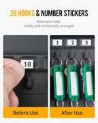 Uniclife Steel Key Cabinet Wall Mounted Organizer - 28 Keys, 2 Unlocking Keys - Black Frosted Security Box with Hooks and Color-Coded Labels