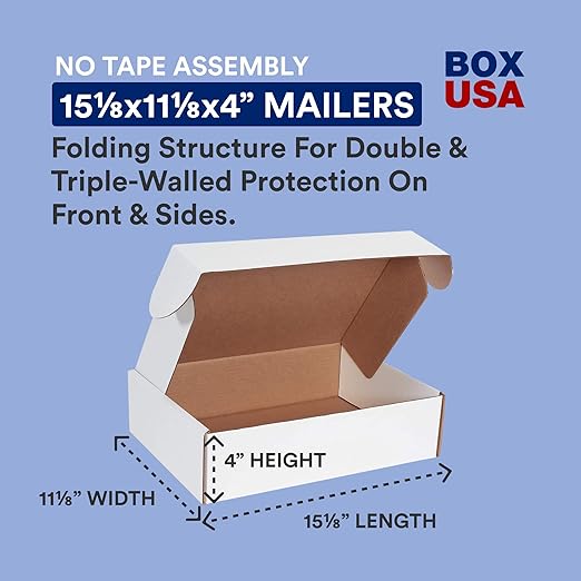 BOX USA 15" Deluxe Shipping Boxes 15 1/8"L x 11 1/8"W x 4"H , 50-Pack - White Box Mailers for Packaging, Storage, Gifts or Bulk Business Orders