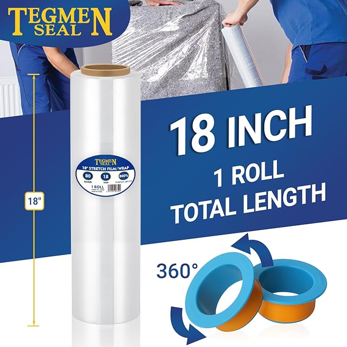 4-Pack 18" Stretch Wrap Rolls - 80 Gauge Industrial Strength Clear Film, 1200ft Length with Plastic Handle Option - Heavy Duty Self-Adhering for Moving, Shipping, Pallet Packing