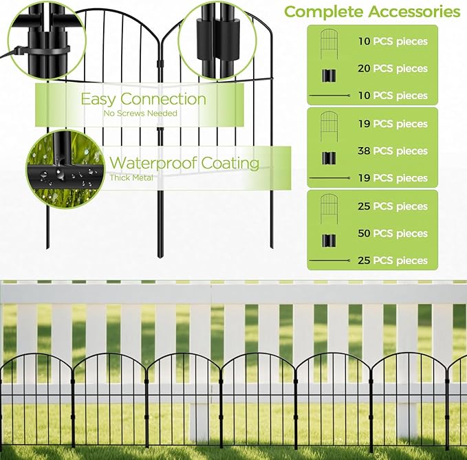 VANCASTLE Decorative Garden Fence Outdoor, Total 10.5ft (L) x 24in (H), Rustproof Metal Landscape Barrier Fence, Black Fence for Yard, Patio Lawn, 10 Panels