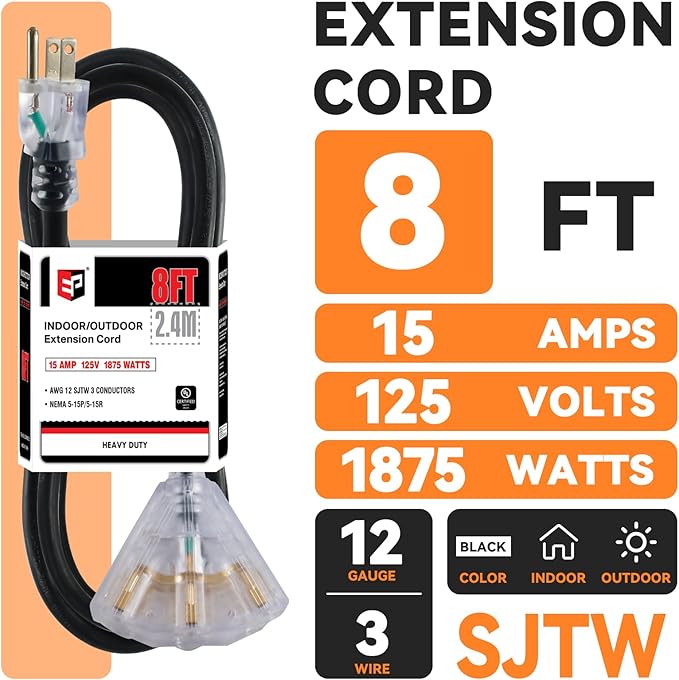 EP 8 Ft 12 Gauge Heavy Duty Extension Cord, 15A 125V 1875W, 3 Outlet Indoor/Outdoor Power Cord with Lighted End, 12/3 SJTW Weatherproof Black, UL Listed