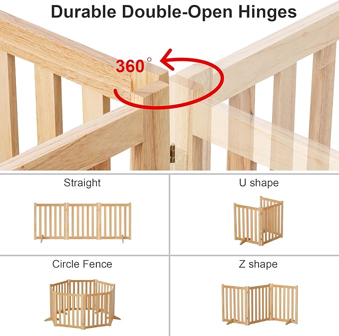 Freestanding Pet Gate, Solid Wood Folding Safety Fence Wooden Dog Gate with 2PCS Support Feet Ideal for Stairs, Doorways, Halls, Kitchens, Indoors Gates, 3 Panels 25", Natural Oak