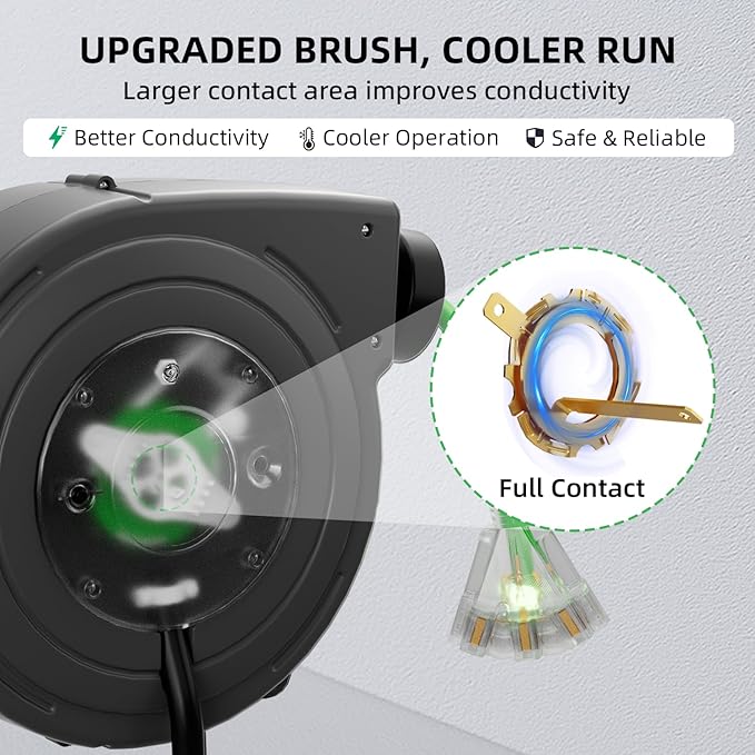 50 FT Retractable Extension Cord Reel, Heavy Duty 12AWG/3C SJTOW Power Cord, Lighted Triple Tap, 15A Circuit Breaker, Wall/Ceiling Mount Electric Cord Reel for Garage & Workshop, ETL Listed, Green