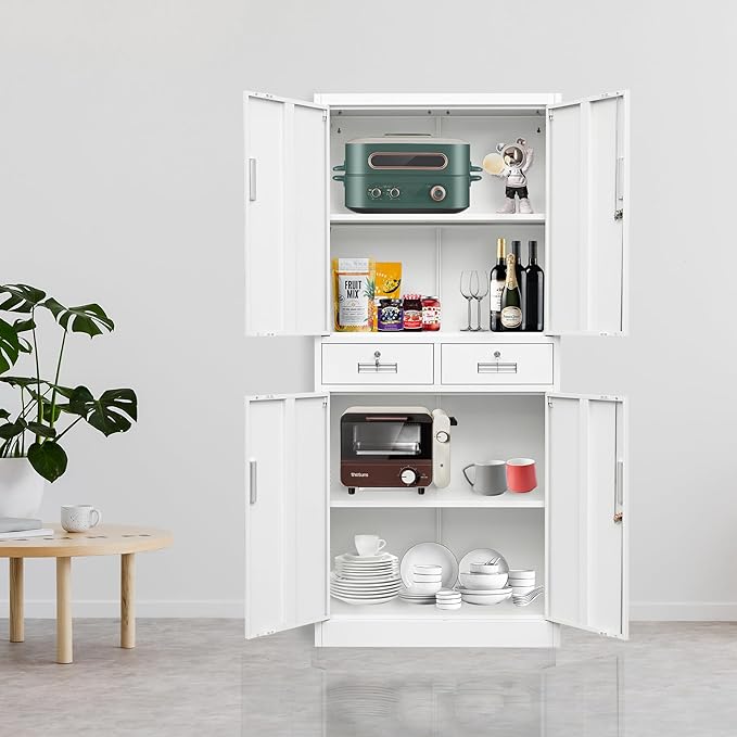 Metal Storage Cabinet, Locking Storage Cabinet with Adjustable Shelves and 2 Drawers, 16" D x 32" W x 71" H Steel Cabinets for Office, Garage, Home, Classroom, Utility Room(White)