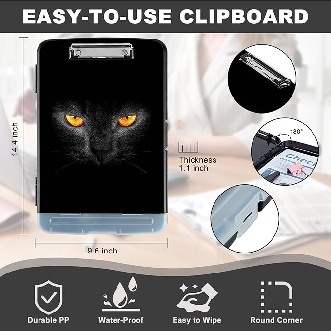 Clipboard with Storage,Heavy Duty Plastic Storage Clipboard with Low Profile Clip,Teacher Must Haves,Office Supplies,Black Cat Eyes