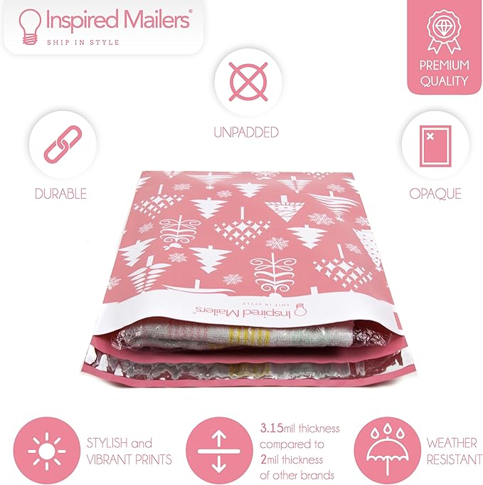 Inspired Mailers - Christmas Poly Mailers 10x13-100 Pack - Christmas Trees (Rose Gold) - Package Bags - 10x13 Holiday Mailers - Holiday Shipping Bags - Polybags for Shipping