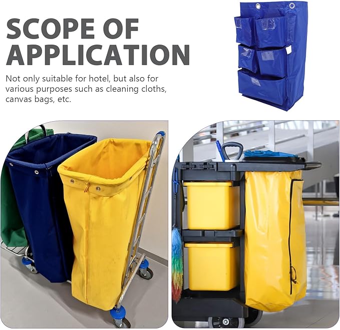 Waterproof Housekeeping Cart Bag with 5 Pockets, Blue Canvas Replacement Cleaning Trolley Bag for Janitorial Supplies and Trash Collection in Hotels and Commercial Cleaning