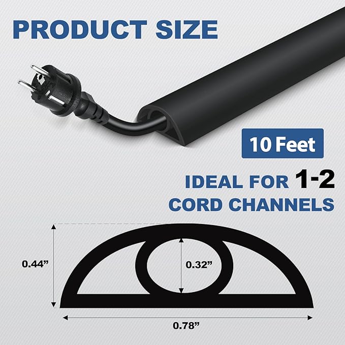 Floor Cord Cover for Wires on Floor Self Adhesive Cord Hider Floor Cable Management Wire Covers for Cords Protector Prevent Cable Trips Cord Cavity W 0.32" x H 0.32", Black, 10Ft