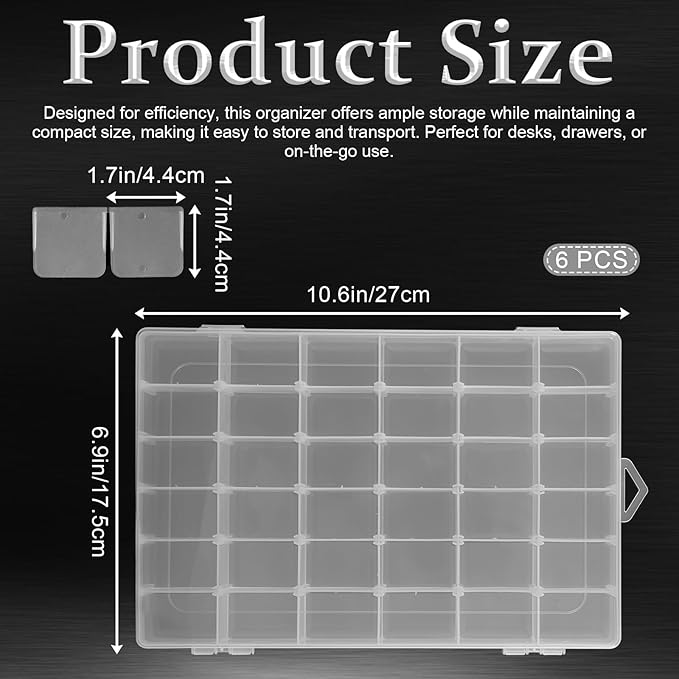 Dimeho 6 Pack Bead Organizer Box Plastic Clear Storage Containers 36 Grids Small Parts Organizer with Adjustable Dividers for Jewelry Craft Fishing Tackle Parts Storage Art DIY